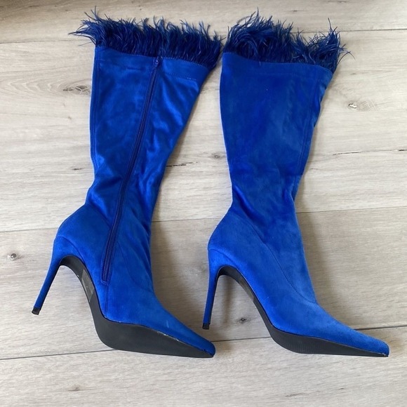Nasty Gal Shoes - Nasty Gal Faux Suede Feather Trim Knee High Boots Blue US 8 New In Box